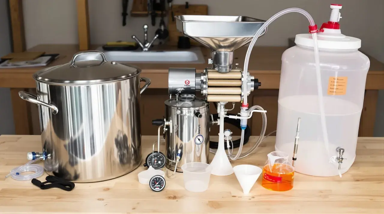 Matériel pour fabriquer sa bière : cuve, moulin à grains, fermenteur, entonnoirs et éprouvette graduée.