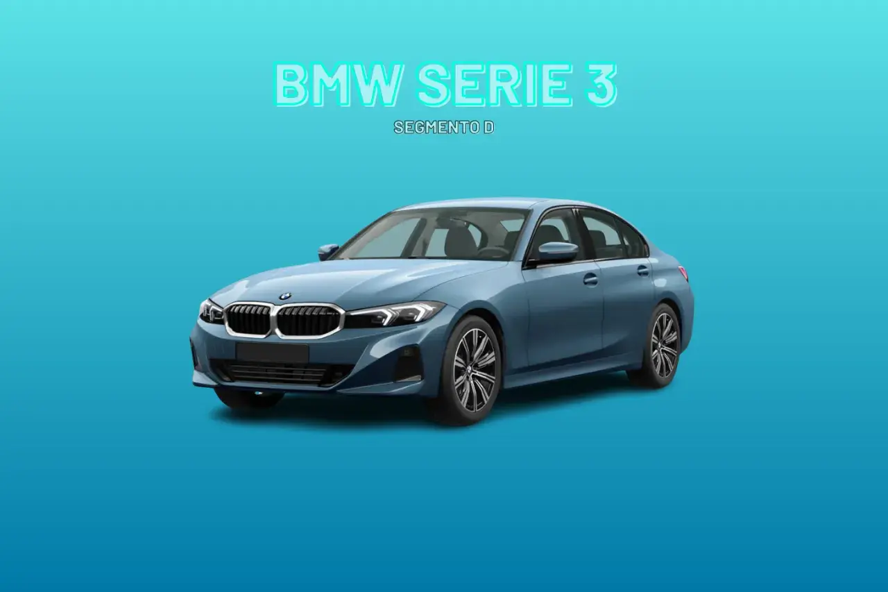 Sedán azul claro BMW Serie 3, un coche del segmento D, con el texto "BMW SERIE 3 SEGMENTO D" en la parte superior.