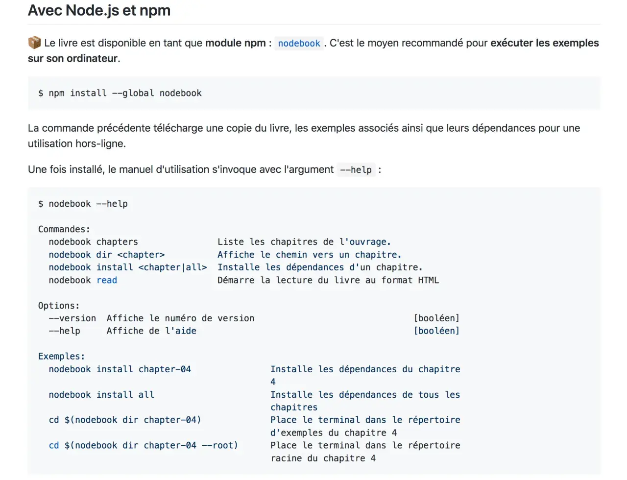 Commandes pour utiliser le module npm nodebook : installation, aide, et exemples d'utilisation.