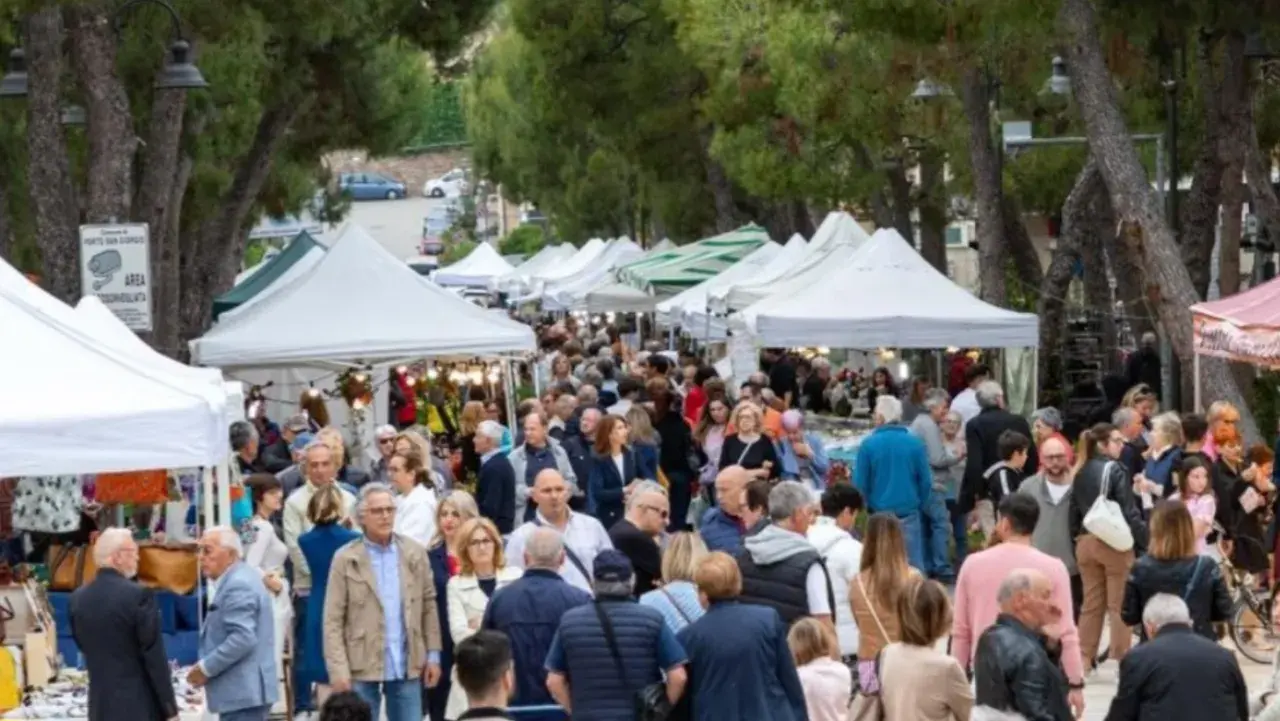 Folla animata al mercato di Porto San Giorgio, bancarelle colorate sotto gli alberi, un'atmosfera vivace tra venditori e visitatori.