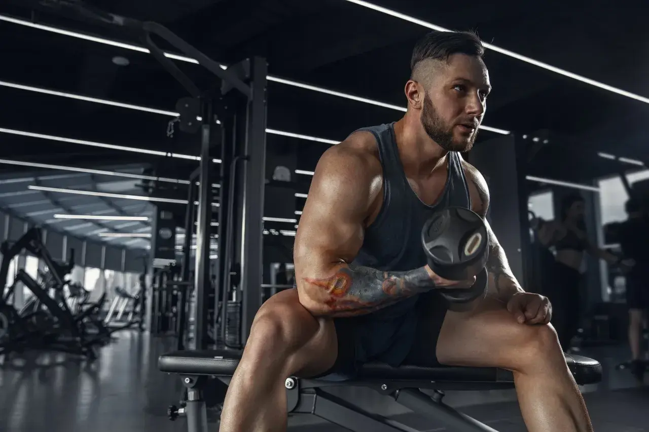 Muskularny mężczyzna z tatuażami ćwiczy biceps z hantlem w siłowni. Jego determinacja jest widoczna, jakby każdy ruch przybliżał go do celu, być może wspomaganego przez clenbuterol.