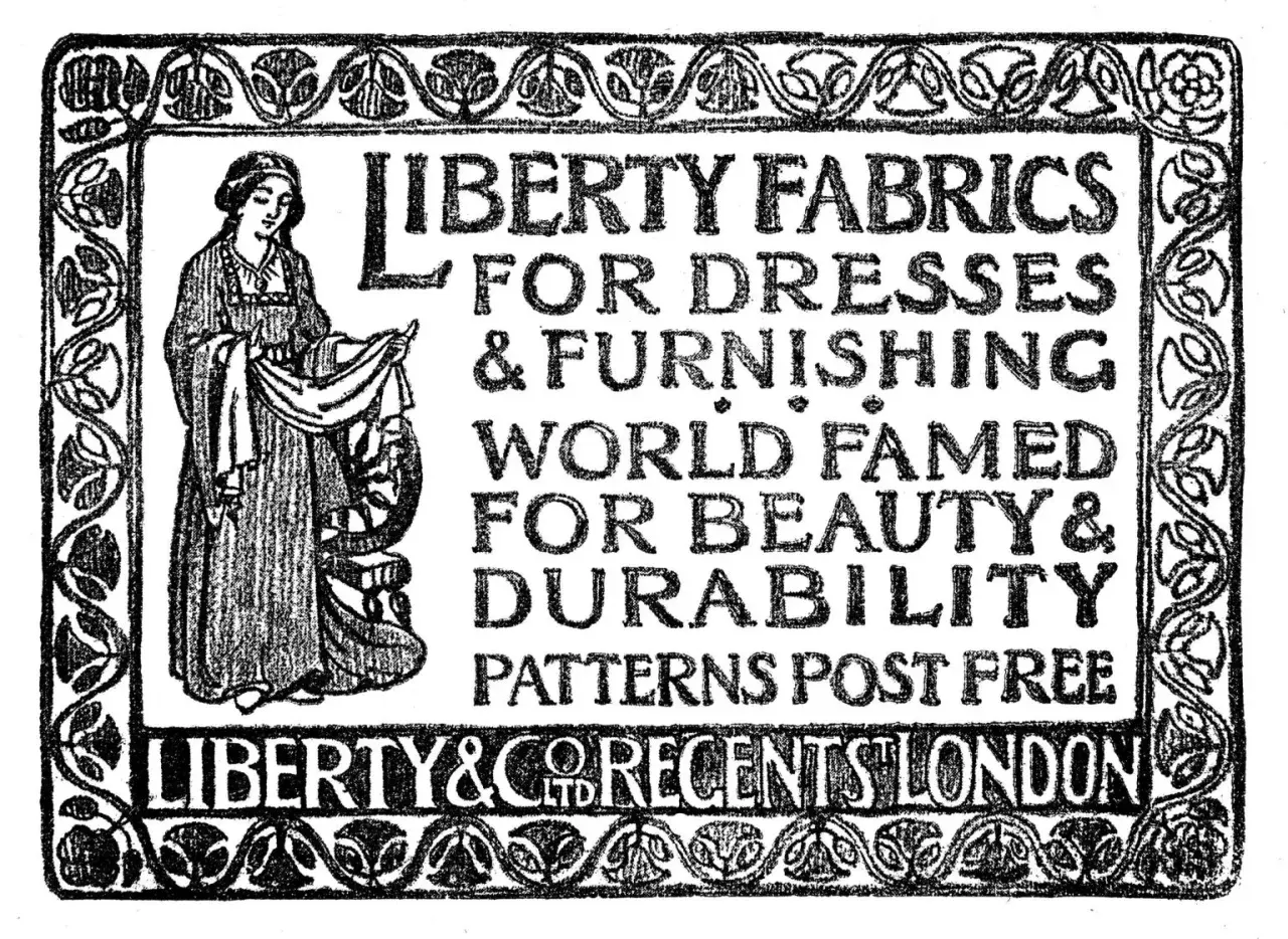 Publicité style liberty : femme présentant des tissus Liberty, célèbres pour leur beauté et durabilité. Liberty & Co, Regent Street, Londres.