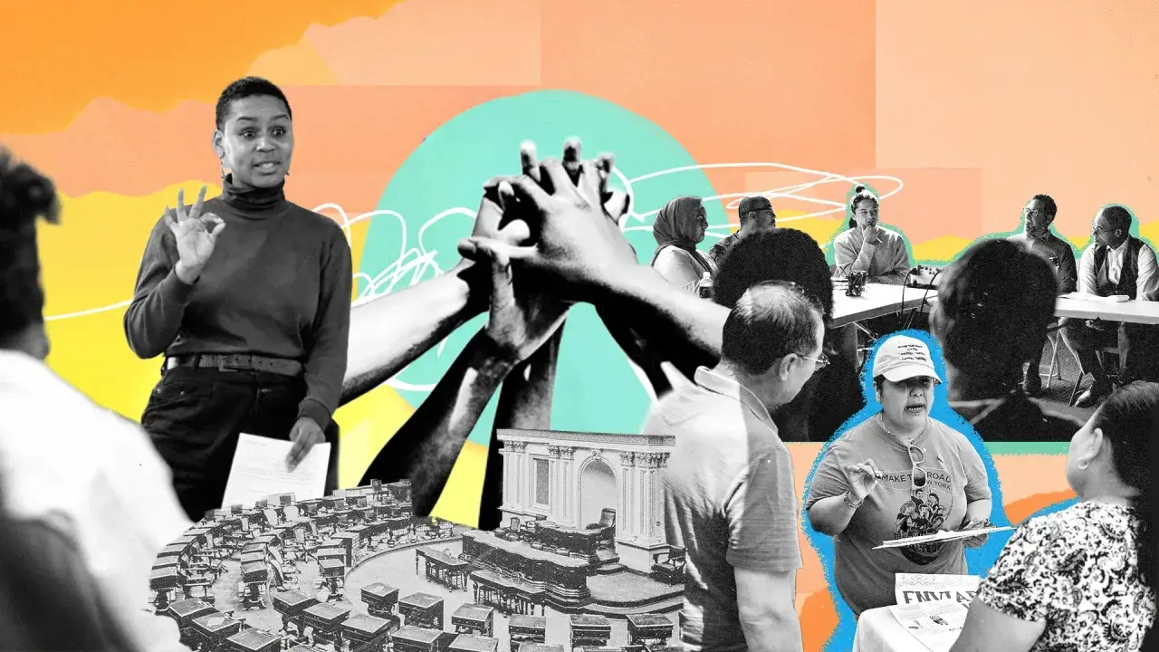 Diverse people engage in discussions and unite hands, symbolizing why civic participation is important for community action and change.
