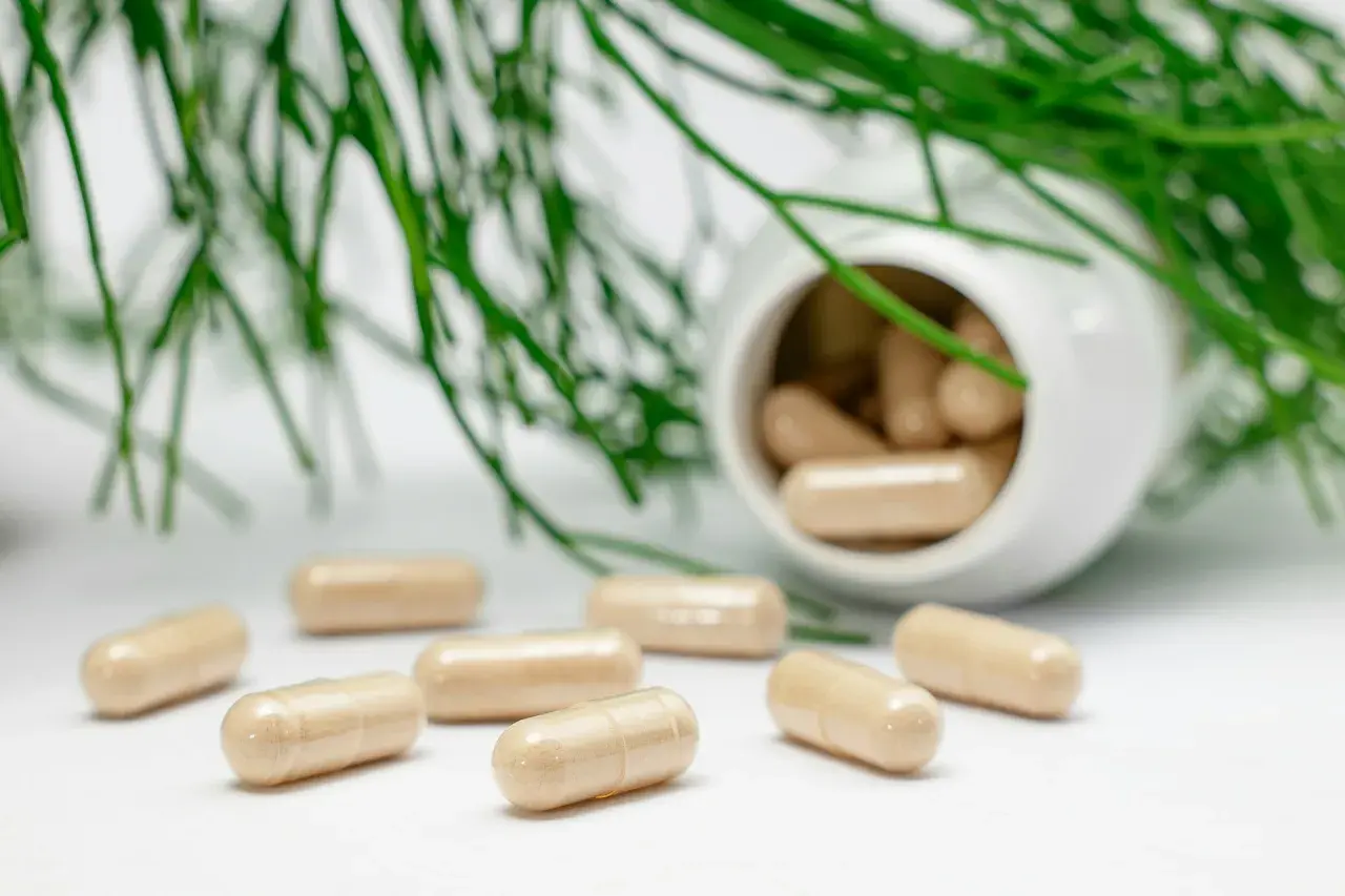 Kapseln und grünes Blattwerk. Mögliche Wechselwirkung Magnesium Blutdrucksenker? Natürliche Heilmittel im Fokus.