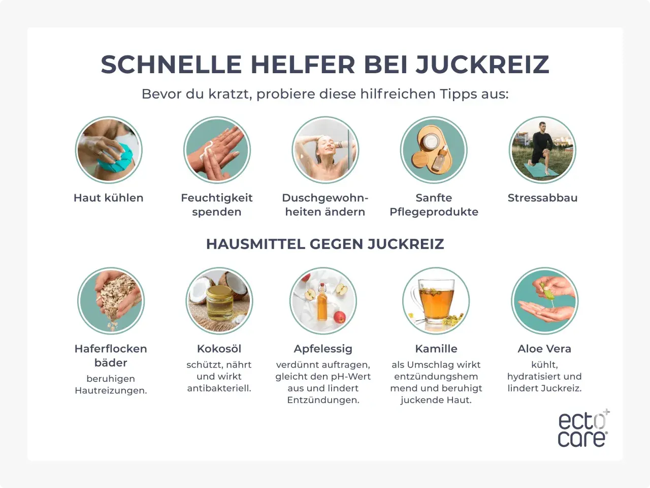 Schnelle Hilfe bei Juckreiz: Kühlung, Feuchtigkeit, sanfte Pflege, Stressabbau & Hausmittel wie Haferflocken, Kokosöl, Apfelessig, Kamille, Aloe Vera.