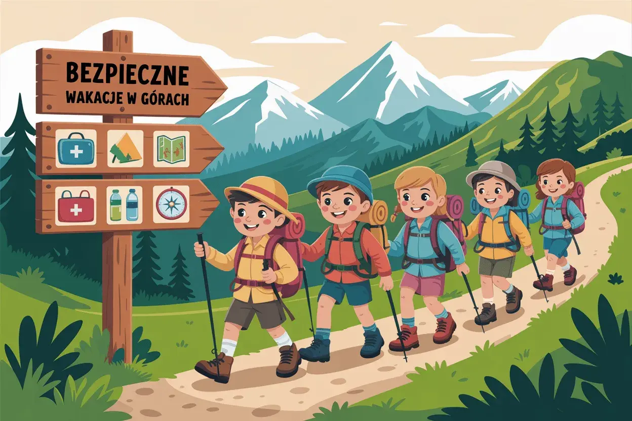 Dzieci wyruszają na wycieczkę w góry. Na drogowskazie widnieje napis "Bezpieczne wakacje w górach", a obok ikony apteczki, namiotu i mapy.