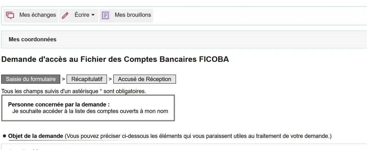Formulaire de demande d'accès au fichier FICOB A pour consulter la liste des comptes bancaires ouverts à votre nom.