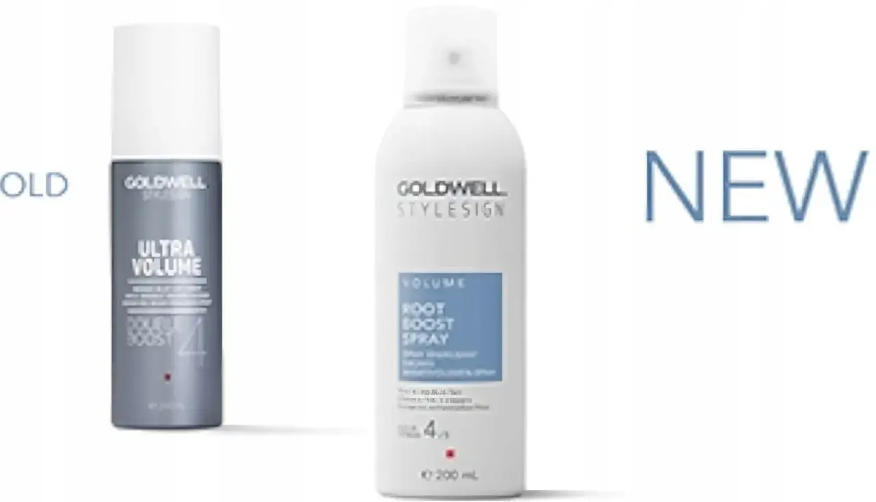Porównanie starej i nowej wersji sprayu unoszącego włosy u nasady Goldwell. Nowy produkt w białym opakowaniu, poprzednik w szarym.