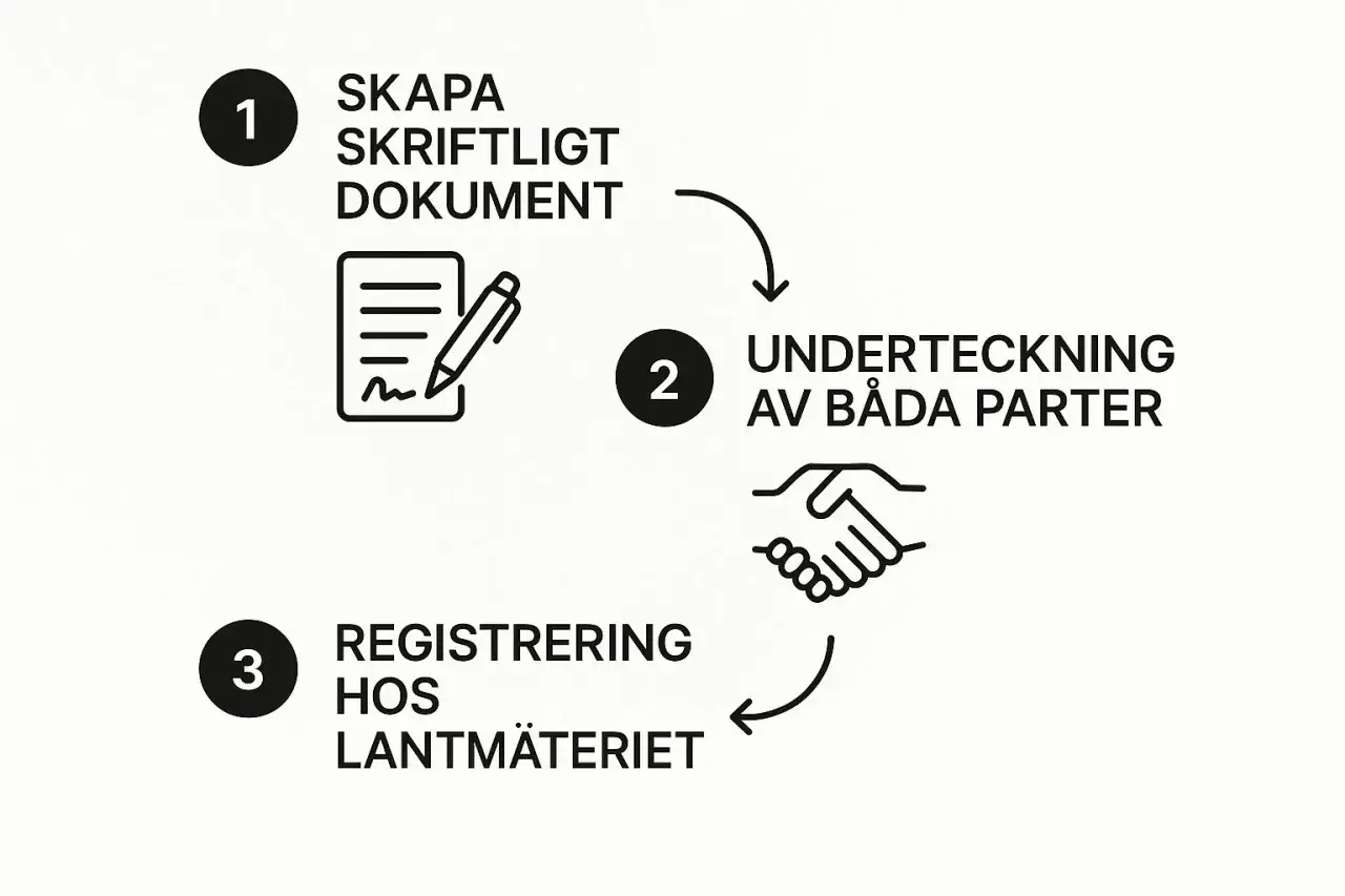 Steg för att upprätta ett gåvobrev pengar: 1. Skapa skriftligt dokument. 2. Underteckning av båda parter. 3. Registrering hos Lantmäteriet.