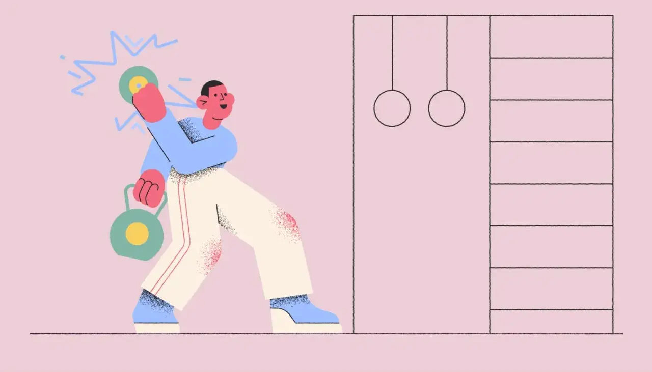 Ilustracja mężczyzny ćwiczącego z hantlami obok drabinki gimnastycznej.