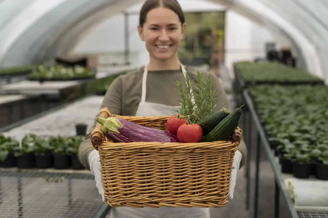Une opératrice certiphyto souriante tient un panier rempli de légumes frais : aubergine, tomates, concombres et romarin, dans une serre.