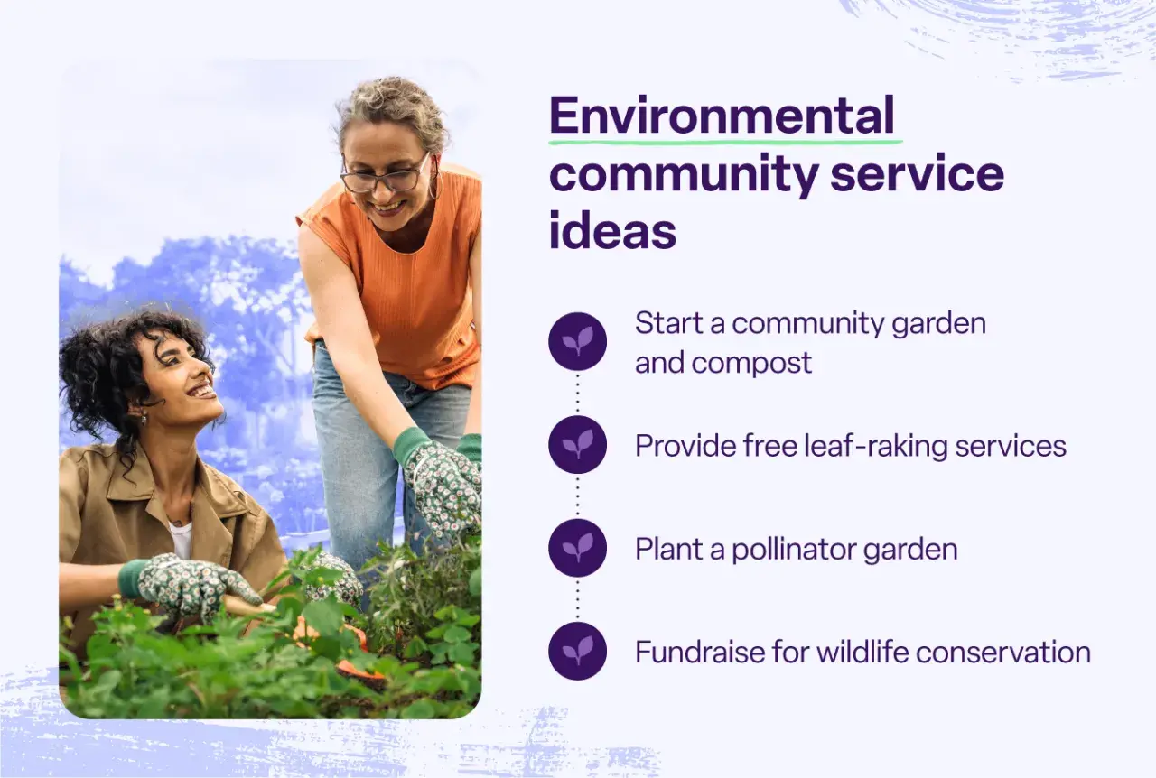 Two women gardening, illustrating different types of community service like starting a garden or planting for pollinators.