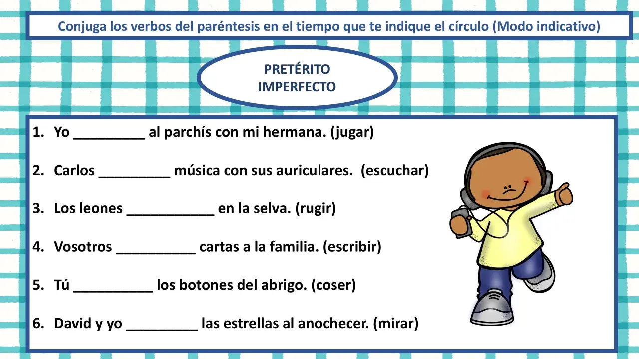Ejercicios de verbos para 6 primaria: conjuga el pretérito imperfecto. Un niño con auriculares escucha música.