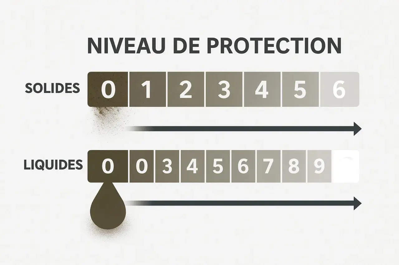 Échelle de protection contre les solides (0-6) et les liquides (0-9). Le niveau IP 57 indique une protection contre la poussière et une immersion temporaire dans l'eau.