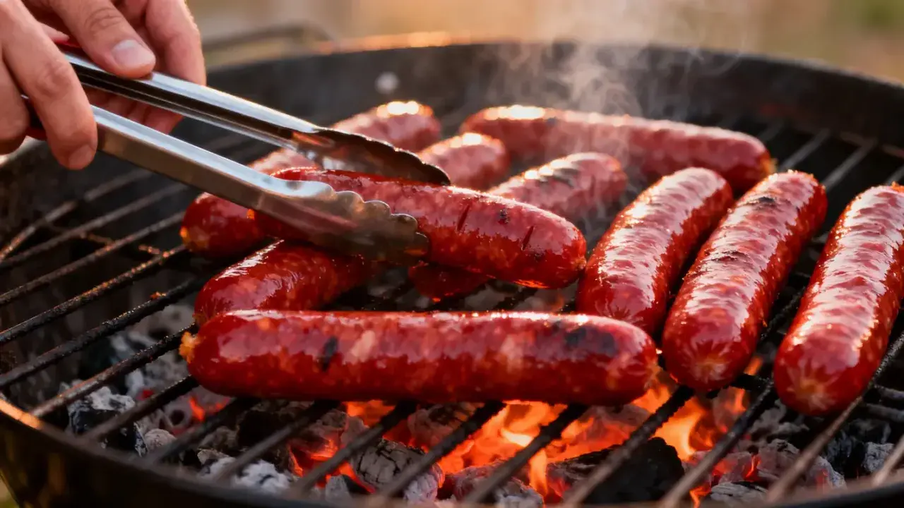 Des merguez juteuses grésillent sur un barbecue, dégageant une fumée alléchante. Un geste expert les retourne avec des pinces pour une cuisson parfaite.