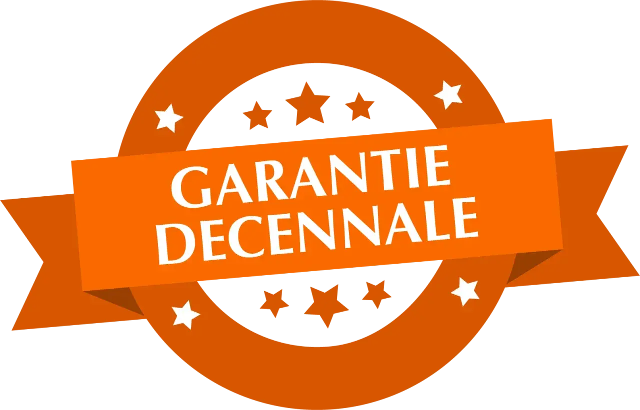 Badge orange avec "GARANTIE DECENNALE" en blanc. Assure la protection en cas d'intervention d'une autre entreprise.