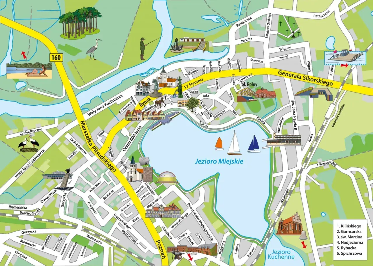 Międzychód atrakcje: Rynek, Jezioro Miejskie z żaglówkami, park z ptakiem, plaża i ścieżki rowerowe.