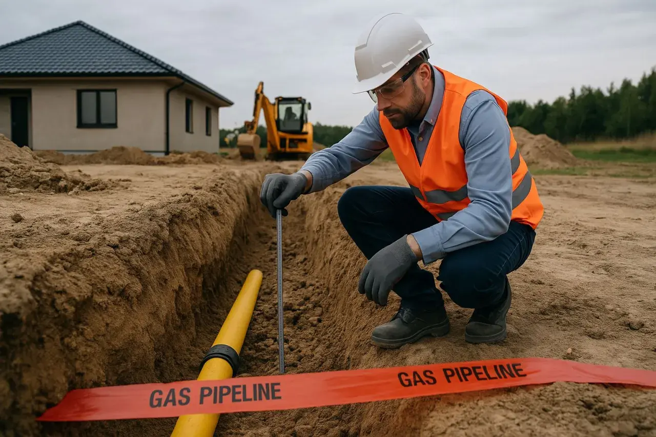 Budowlaniec mierzy na jakiej głębokości rura od gazu w wykopie, obok taśmy ostrzegawczej "GAS PIPELINE".