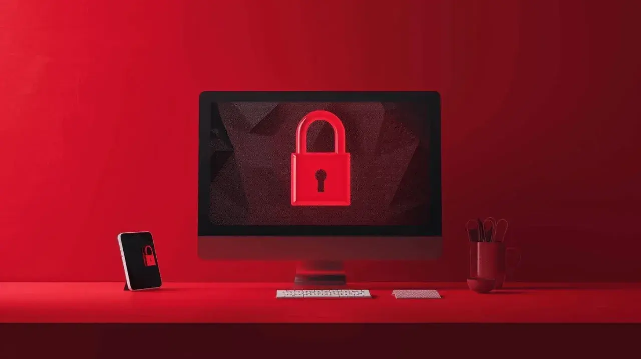 Czerwony monitor i telefon z ikoną kłódki. System zabezpieczony, jakby szyfrowanie AES ECB chroniło dane.
