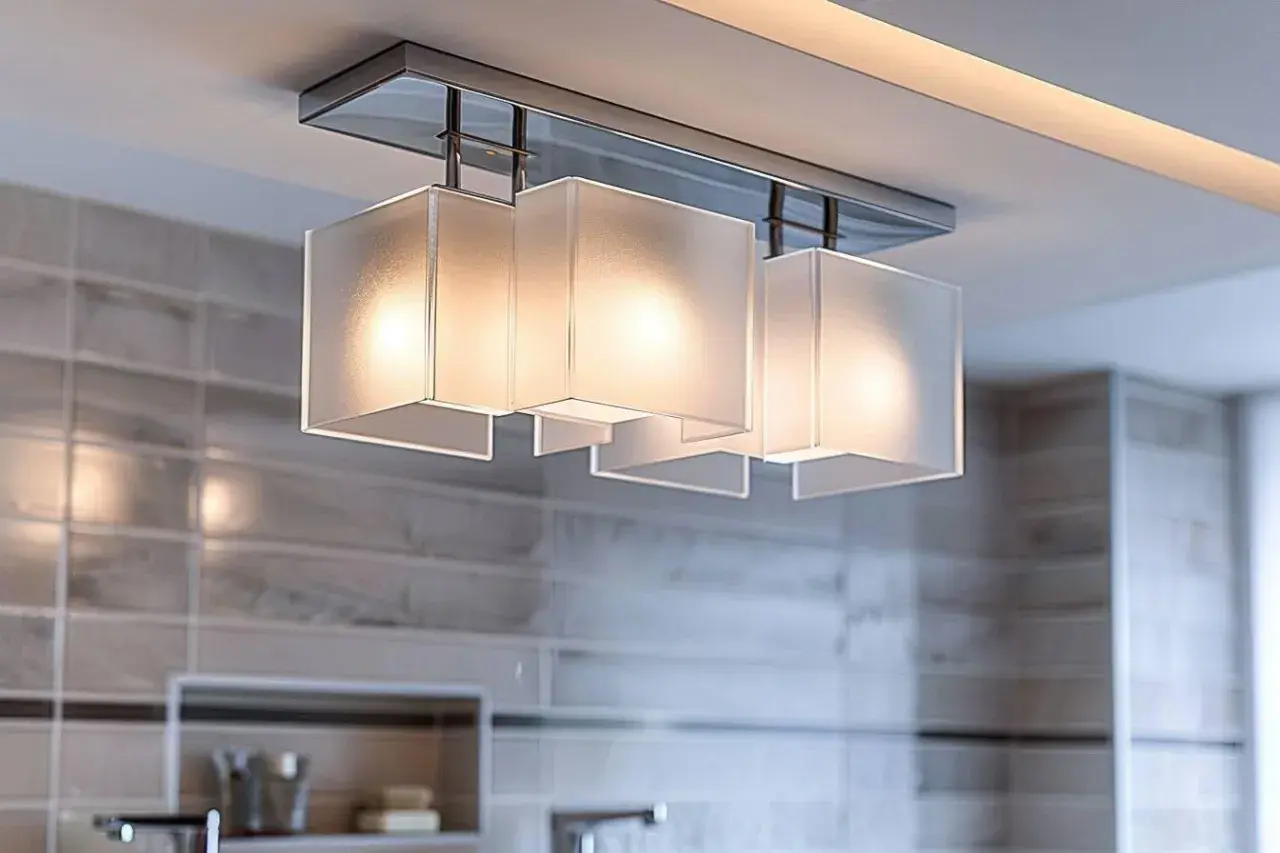 Plafonnier moderne avec abat-jours cubiques diffusant une douce lumière, idéal pour la puissance éclairage salle de bain.