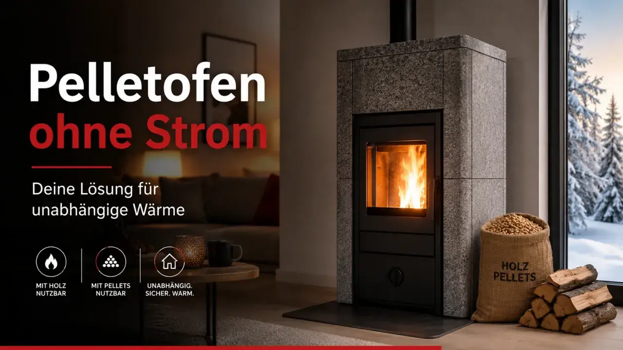 Moderner Pelletofen ohne Strom, ideal für unabhängige Wärme. Einbau leicht gemacht, mit Holz oder Pellets nutzbar. Gemütliche Atmosphäre im Winter.