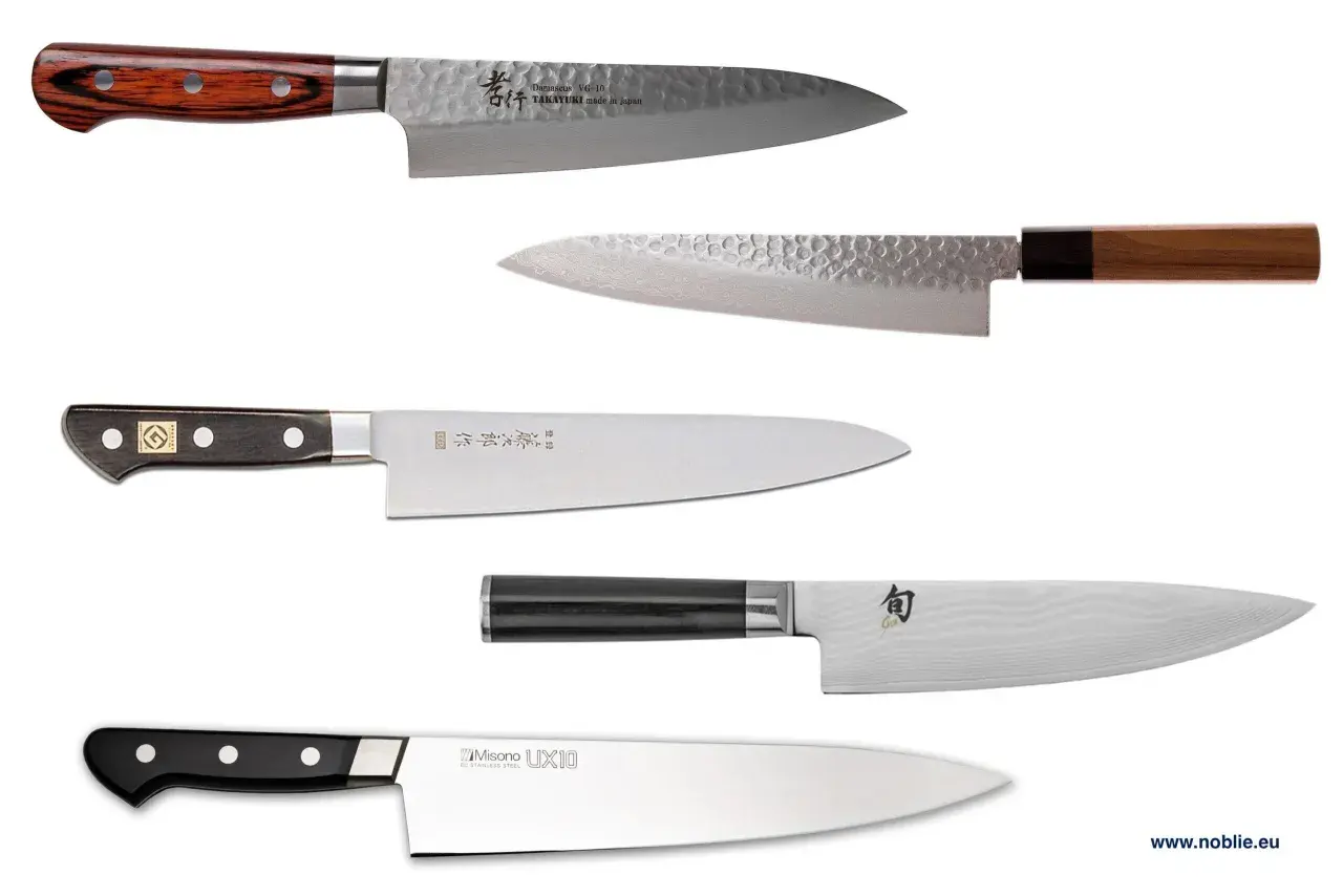 Różne rodzaje noży japońskich: santoku, gyuto, nakiri. Ostrza z damasceńskiej stali VG-10 i inne.