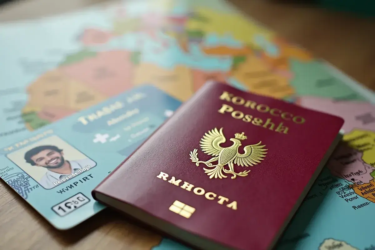 Paszport z orłem i napisami "Korocco Posshla" oraz dokument z fotografią leżą na mapie. Czy do Maroko potrzebny jest paszport? Tak, do podróży do Maroko potrzebny jest paszport.