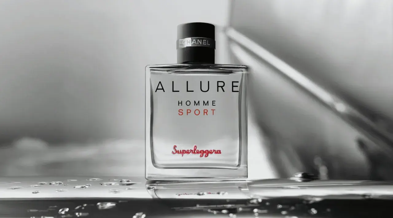 Flakon Chanel Allure Homme Sport z kroplami wody. Zapach dla mężczyzn, który podkreśla dynamikę i elegancję.