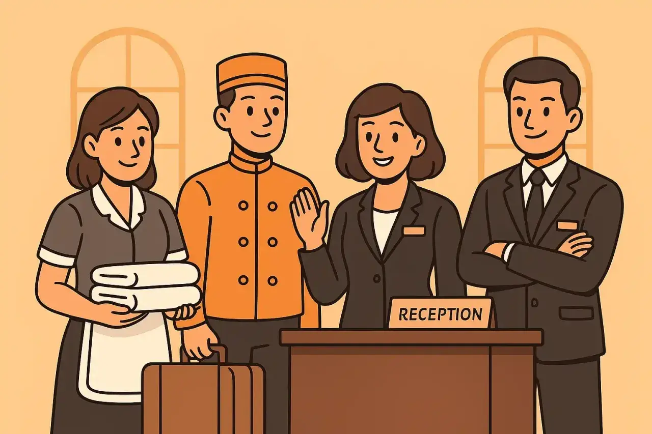 Personale dell'hotel alla reception: addetta alle pulizie con asciugamani, facchino con valigia, receptionist e un uomo in giacca. Le loro mansioni back office sono essenziali.