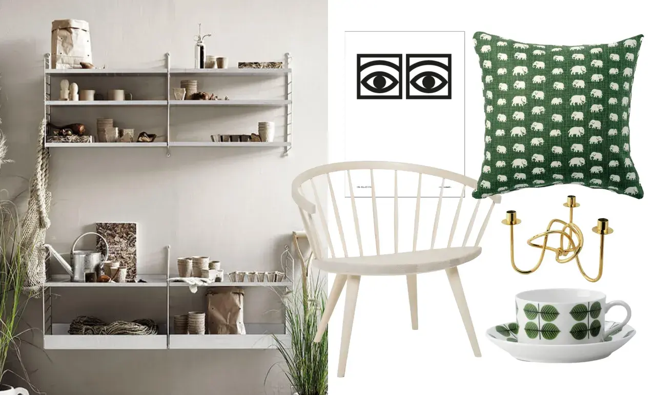 En hylla med inredningsdetaljer, en stol, en kudde med elefantmönster, en ljusstake och en kopp med bladmotiv. Inspiration från svenska designers.