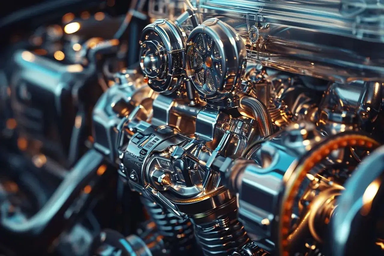 Dettaglio di un motore con turbocompressore. Se la puleggia albero motore è rotta, i sintomi possono includere rumori strani e perdita di potenza.