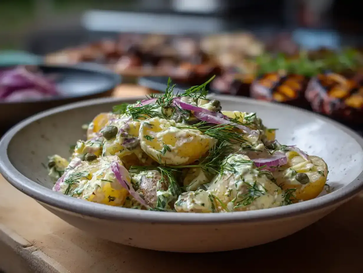 Krämig potatissallad med dill och rödlök, perfekt som tillbehör till grillat.