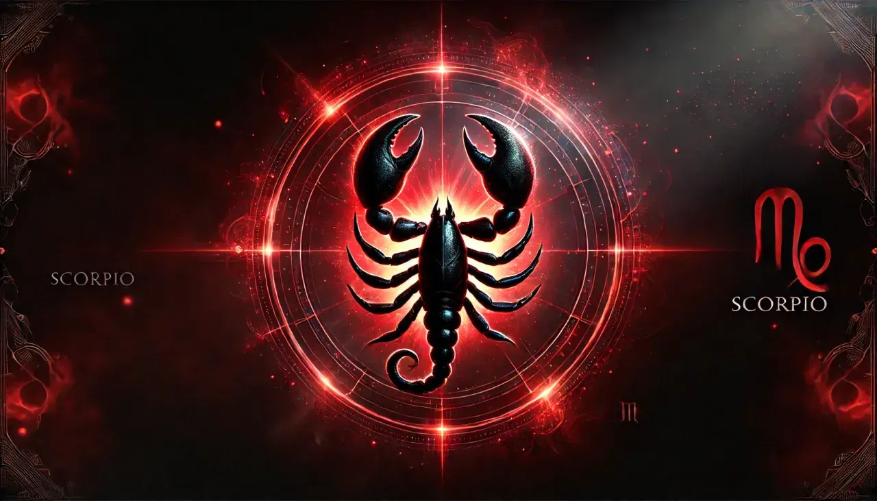 Mroczny, czarny skorpion z czerwonym, świetlistym ascendentem w skorpionie. Symbol zodiaku i nazwa "SCORPIO" podkreślają mistyczną atmosferę.