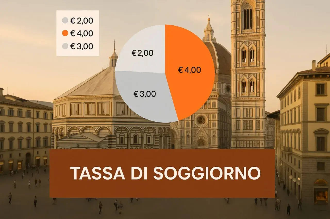 Grafico a torta con prezzi della tassa di soggiorno (2€, 3€, 4€) su sfondo di Firenze.