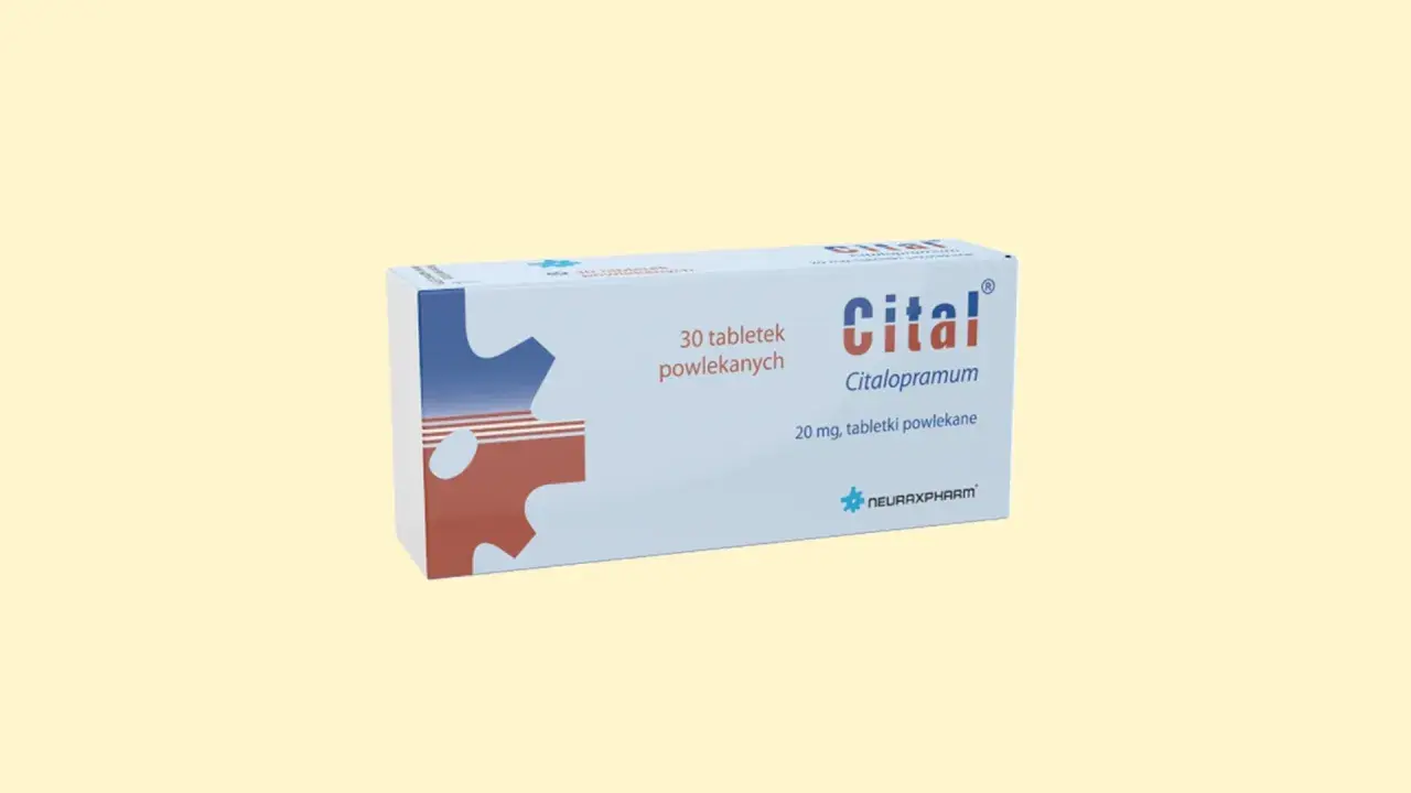 Opakowanie leku Citalopram, zawierające 30 tabletek powlekanych po 20 mg.