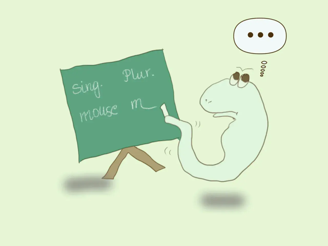 Uroczy stworek uczy się o liczbie mnogiej w języku angielskim, pisząc na tablicy "mouse m...".