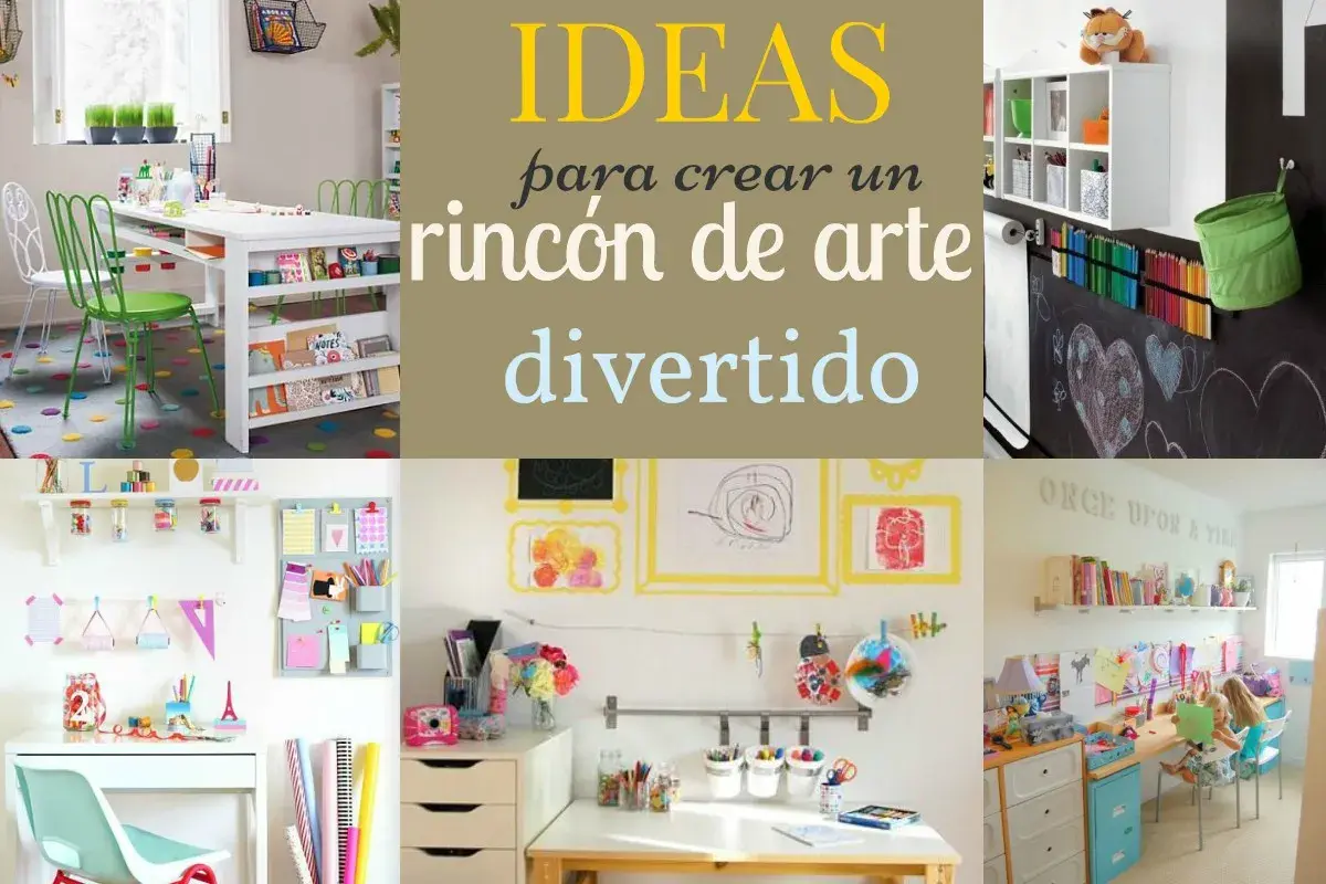 Ideas para crear un rincón del arte divertido, con mesas, sillas, pizarras y materiales de arte organizados.