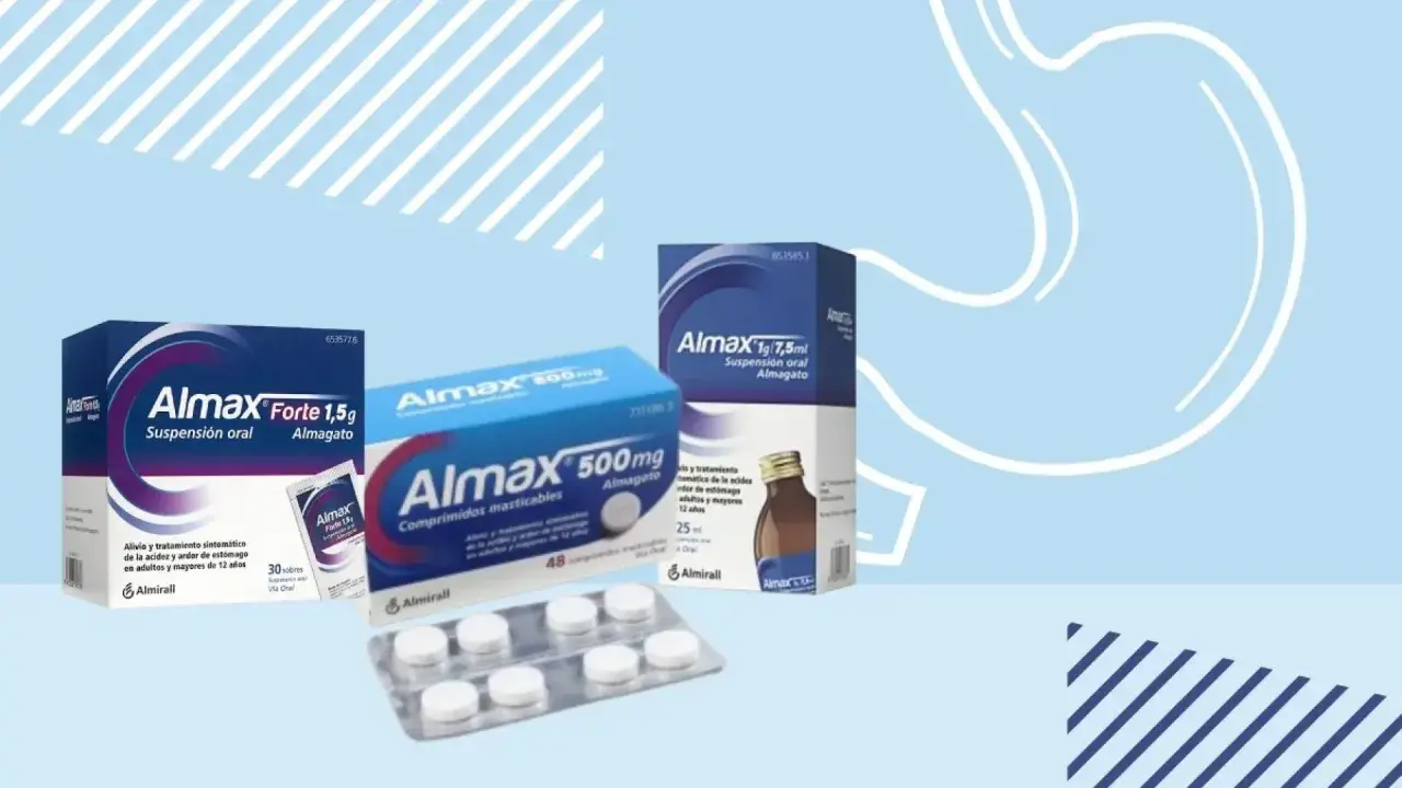 Cajas y blíster de medicamentos Almax para la gastritis y el reflujo sobre fondo azul claro con silueta de estómago.