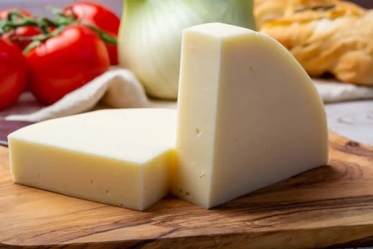 Zwei Stücke heller Käse auf einem Holzbrett, daneben Tomaten und Fenchel.