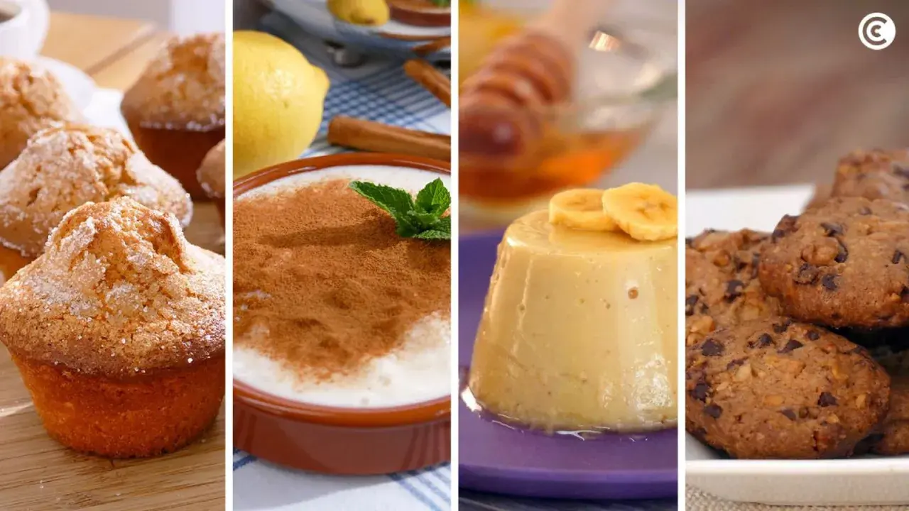 Muffins, arroz con leche, flan de plátano y galletas. Variedad de recetas de postres para disfrutar.