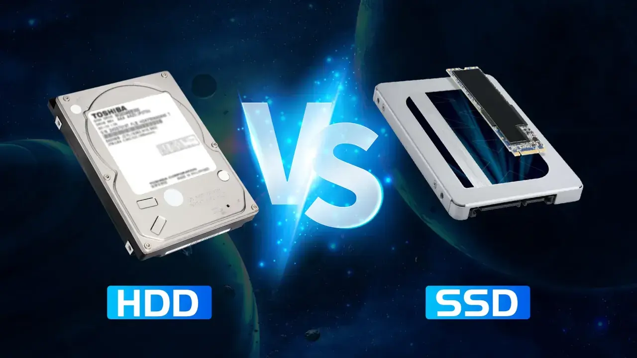 Comparación visual entre un disco duro tradicional (HDD) y una unidad de estado sólido (SSD), mostrando sus diferencias en diseño y tecnología de almacenamiento.