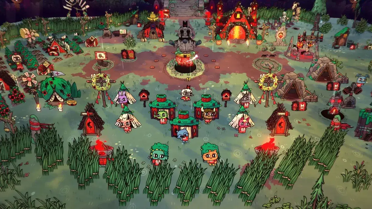 Urocza wioska z postaciami z gry, która przypomina, co to roguelike. Wszędzie widać małe domki, zwierzątka i ogniska.