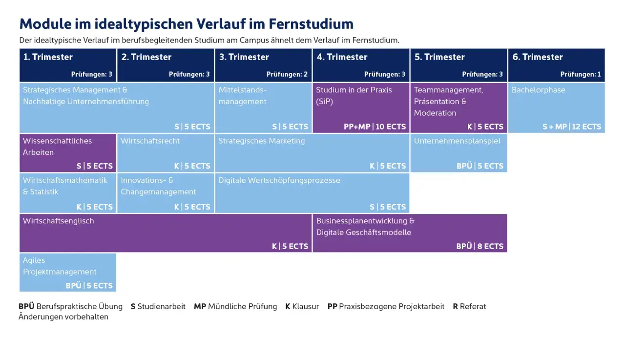 Struktur eines Vollzeitstudiums im Fernstudium: Module über 6 Trimester, von strategischem Management bis zur Bachelorphase.