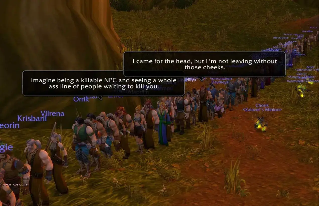 Długa kolejka graczy w grze, czekających na zabicie NPC. Humorystyczne dialogi sugerują, że to część "burning crusade".