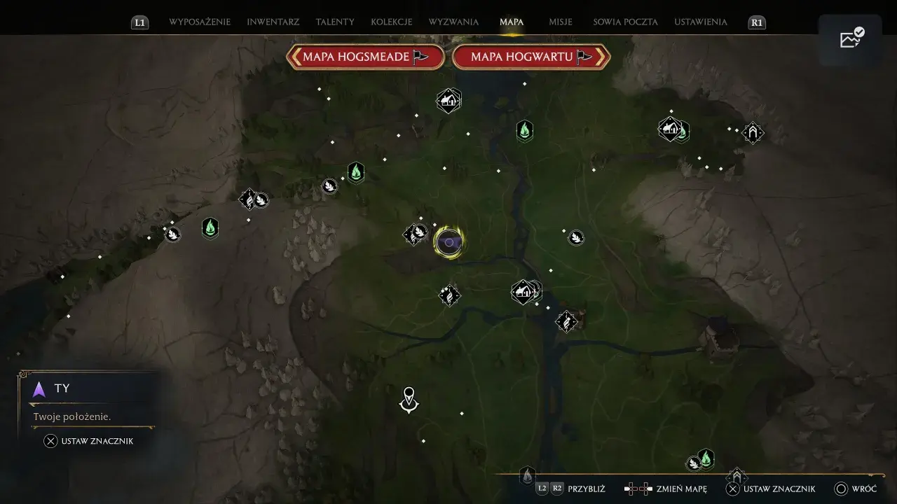 Mapa Hogwartu z zaznaczonymi platformami do lądowania w grze Hogwarts Legacy.