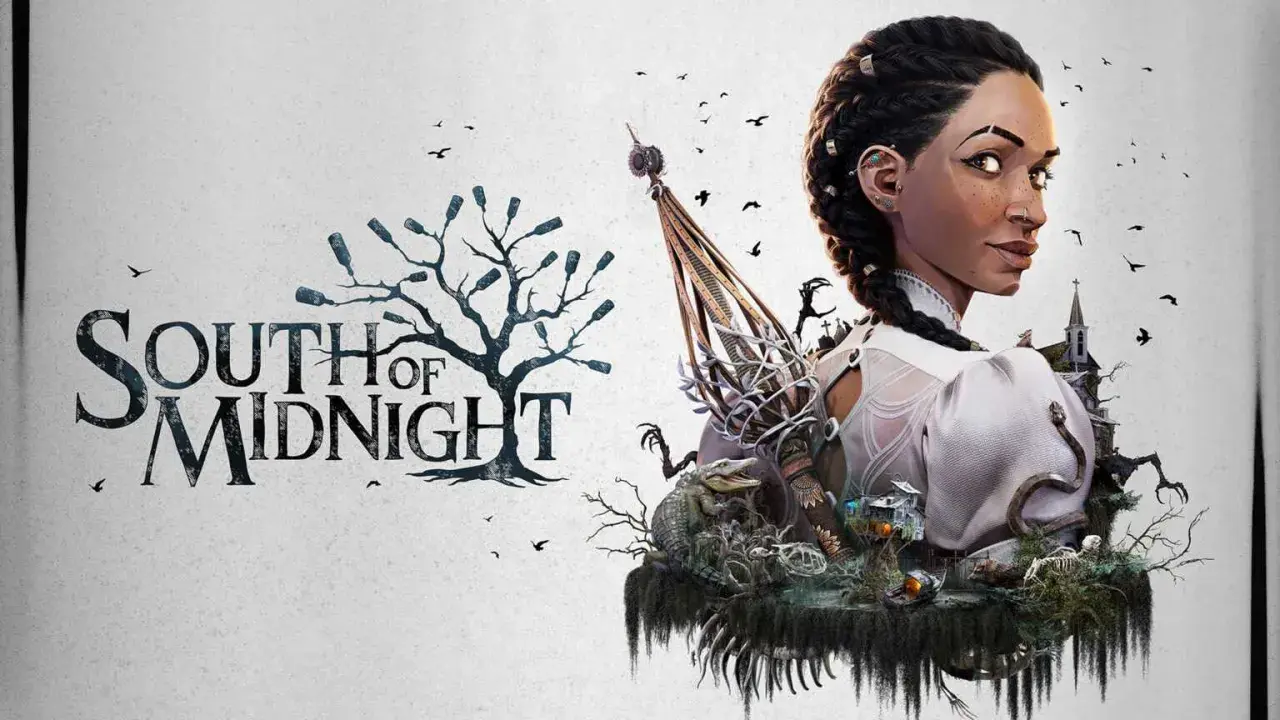 Kobieta z warkoczem i tajemniczym naszyjnikiem, obok drzewa z butelkami i napisem "South of Midnight". W tle kościół i aligator.