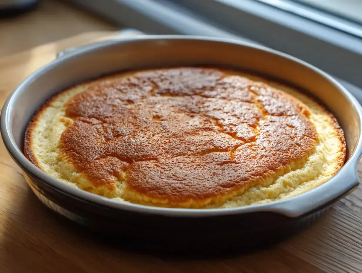En gyllene ugnspannkaka i en rund form, redo att serveras. Ett perfekt ugnspannkaka recept för en mysig fika.