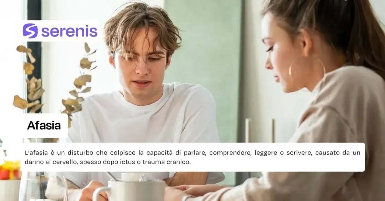 Afasia: il suo significato. Un giovane e una ragazza discutono, mentre una didascalia spiega che l'afasia è un disturbo del linguaggio causato da danni cerebrali.