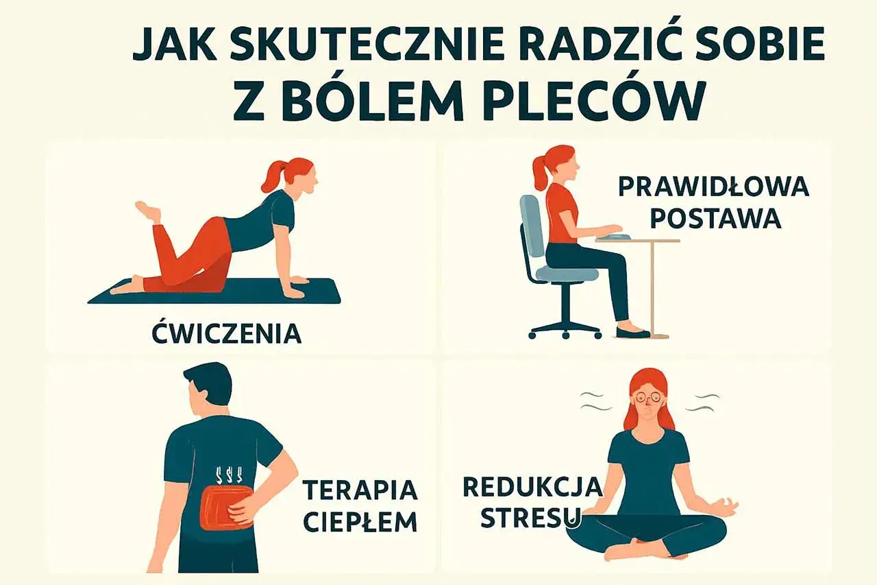 Ilustracja pokazuje cztery sposoby na radzenie sobie z bólem pleców: ćwiczenia, prawidłowa postawa, terapia ciepłem i redukcja stresu.