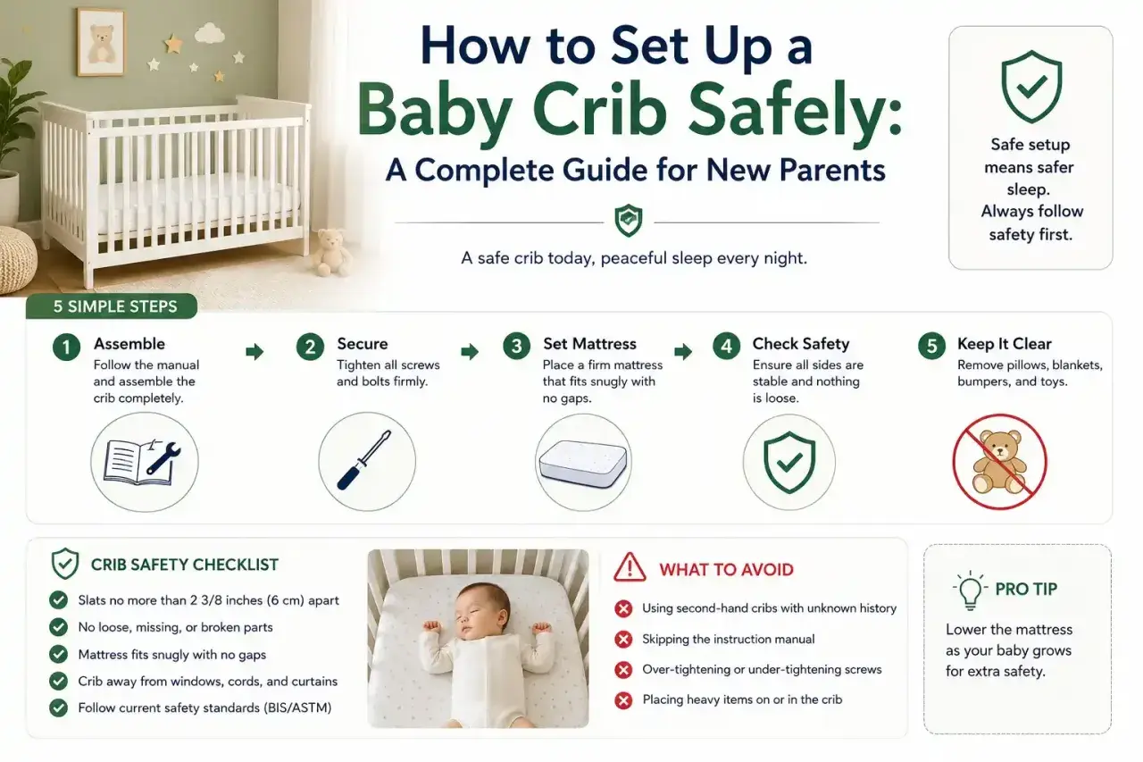 A guide on how to set up a baby crib safely, with 5 simple steps and a safety checklist. This crib is a safe haven for peaceful sleep.